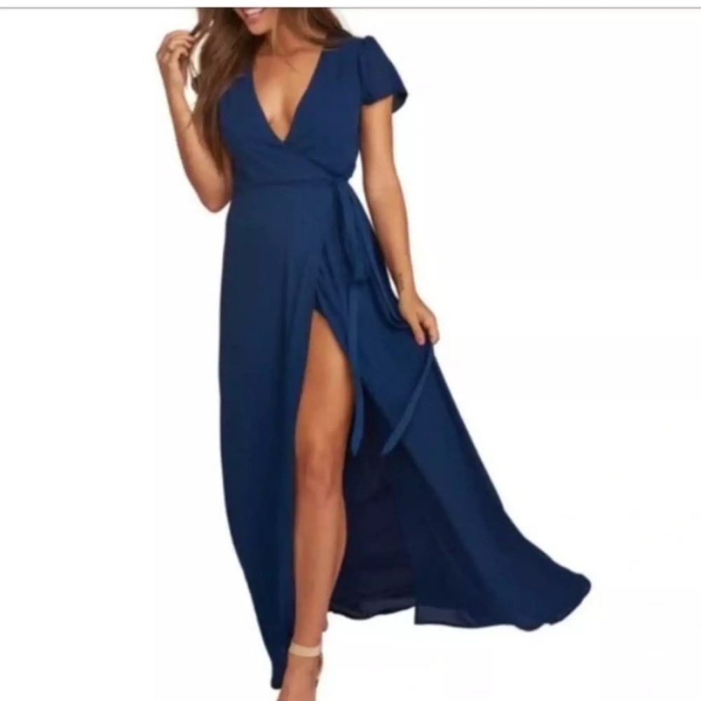 Show Me Your MuMu Noelle Elegant Navy Blue Wrap Gown Formal Occasions xs
